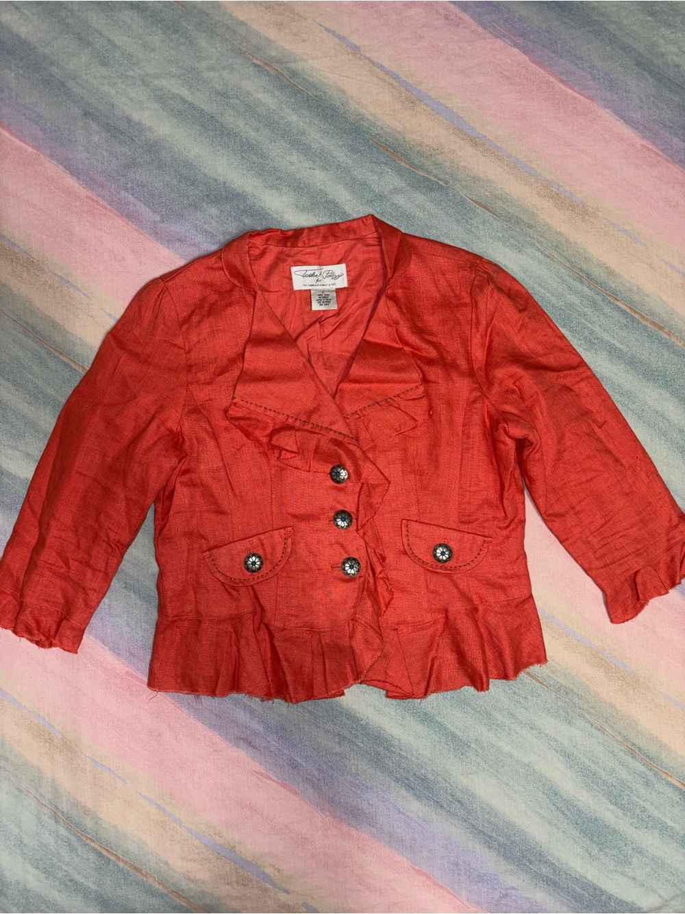 TASHA POLIZZI Blazer Jacket Women's L Linen Orange Raw Hem 3/4 Sleeves Western